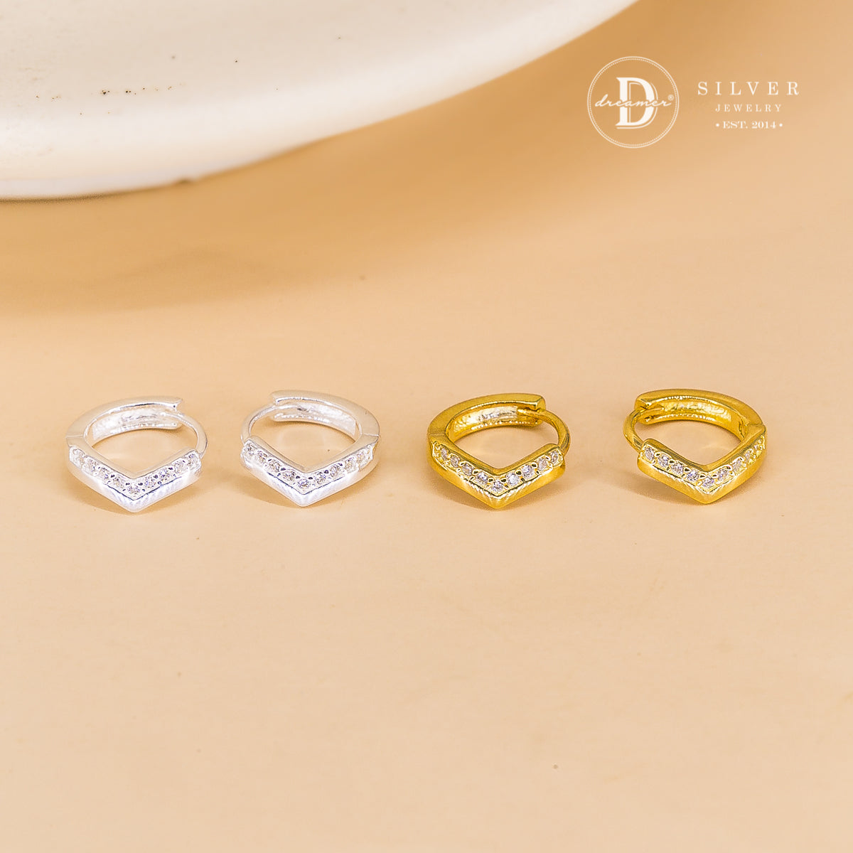 Bông Tai Khoen Tròn 10mm Chữ V Đính Đá - V Silver Hoops Earrings 3155BTK