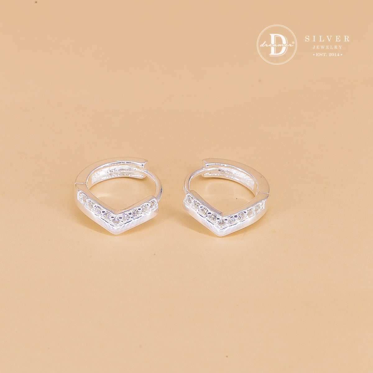 Bông Tai Khoen Tròn 10mm Chữ V Đính Đá - V Silver Hoops Earrings 3155BTK