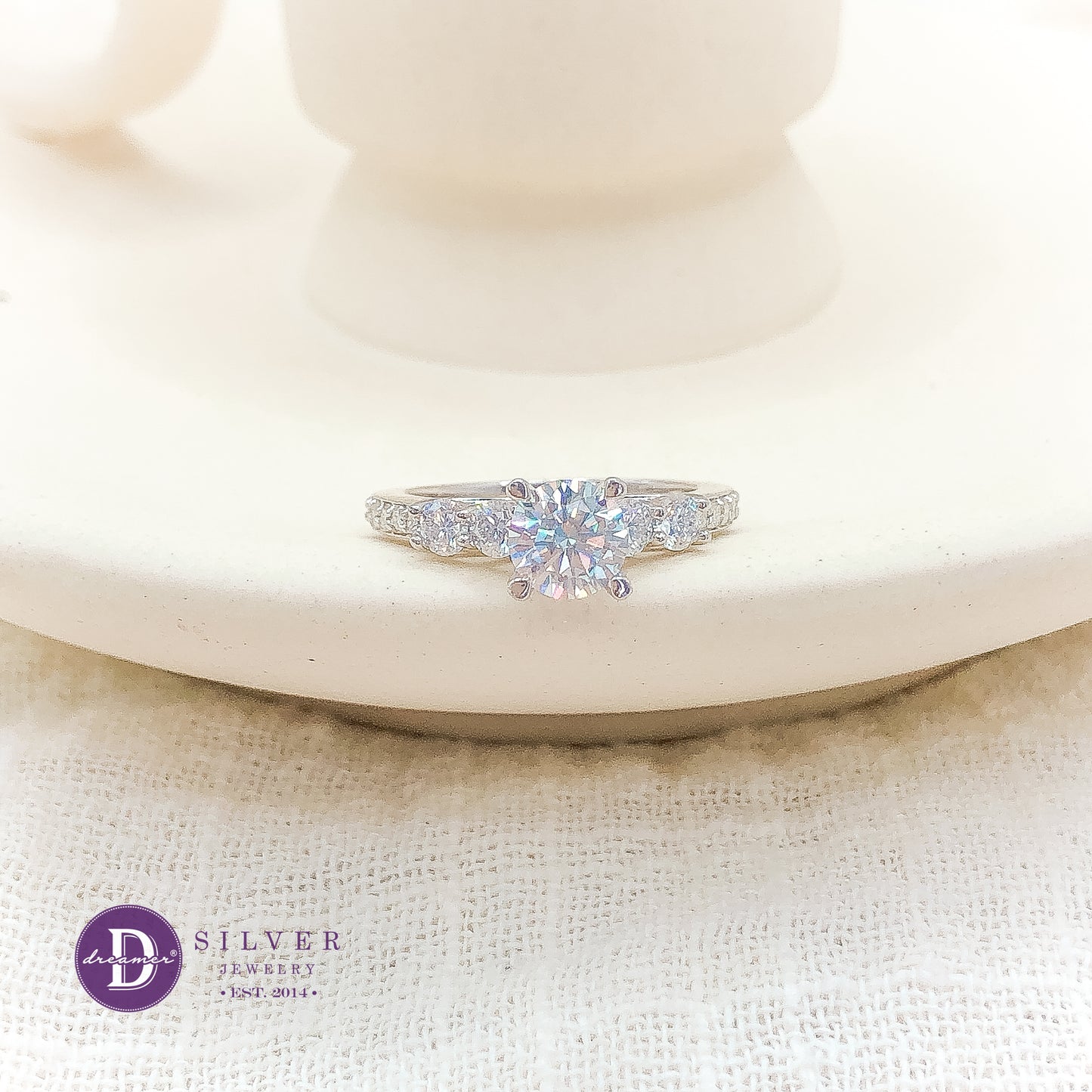 Nhẫn Bạc 950 Đá Moissanite 6li 4 Chấu Đai 4 Viên Đá Moi 3li - Moissanite Diamond Silver Ring