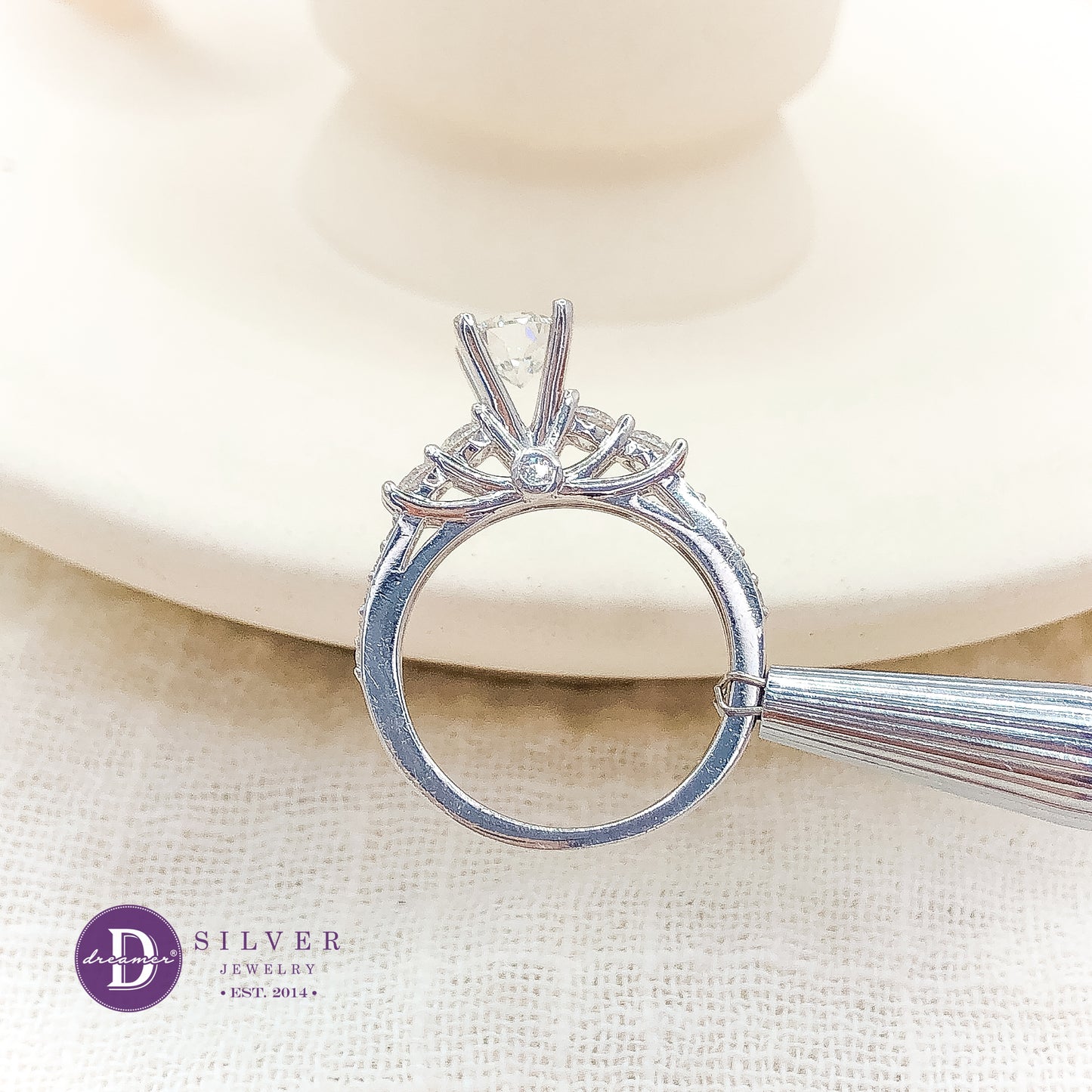 Nhẫn Bạc 950 Đá Moissanite 6li 4 Chấu Đai 4 Viên Đá Moi 3li - Moissanite Diamond Silver Ring