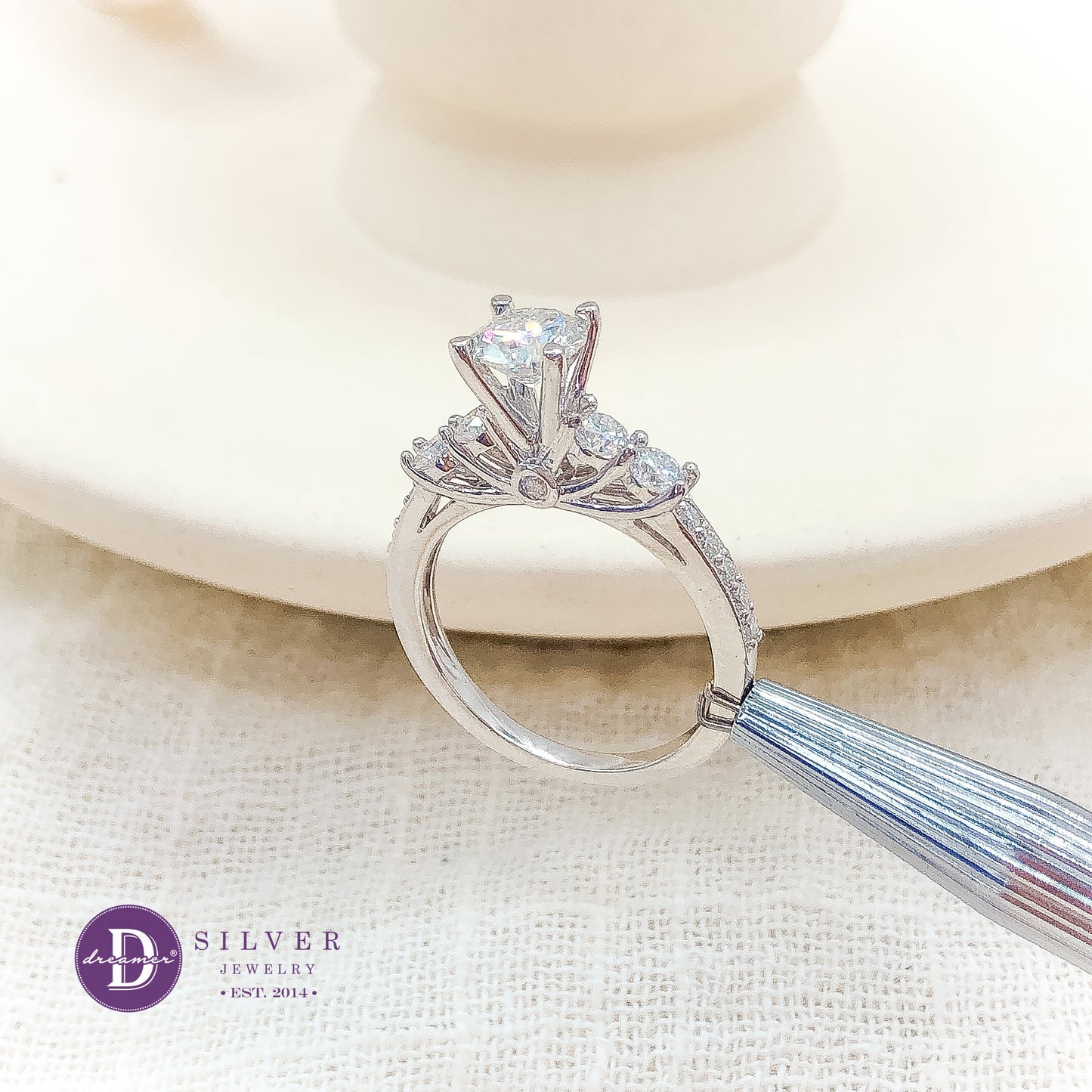 Nhẫn Bạc 950 Đá Moissanite 6li 4 Chấu Đai 4 Viên Đá Moi 3li - Moissanite Diamond Silver Ring