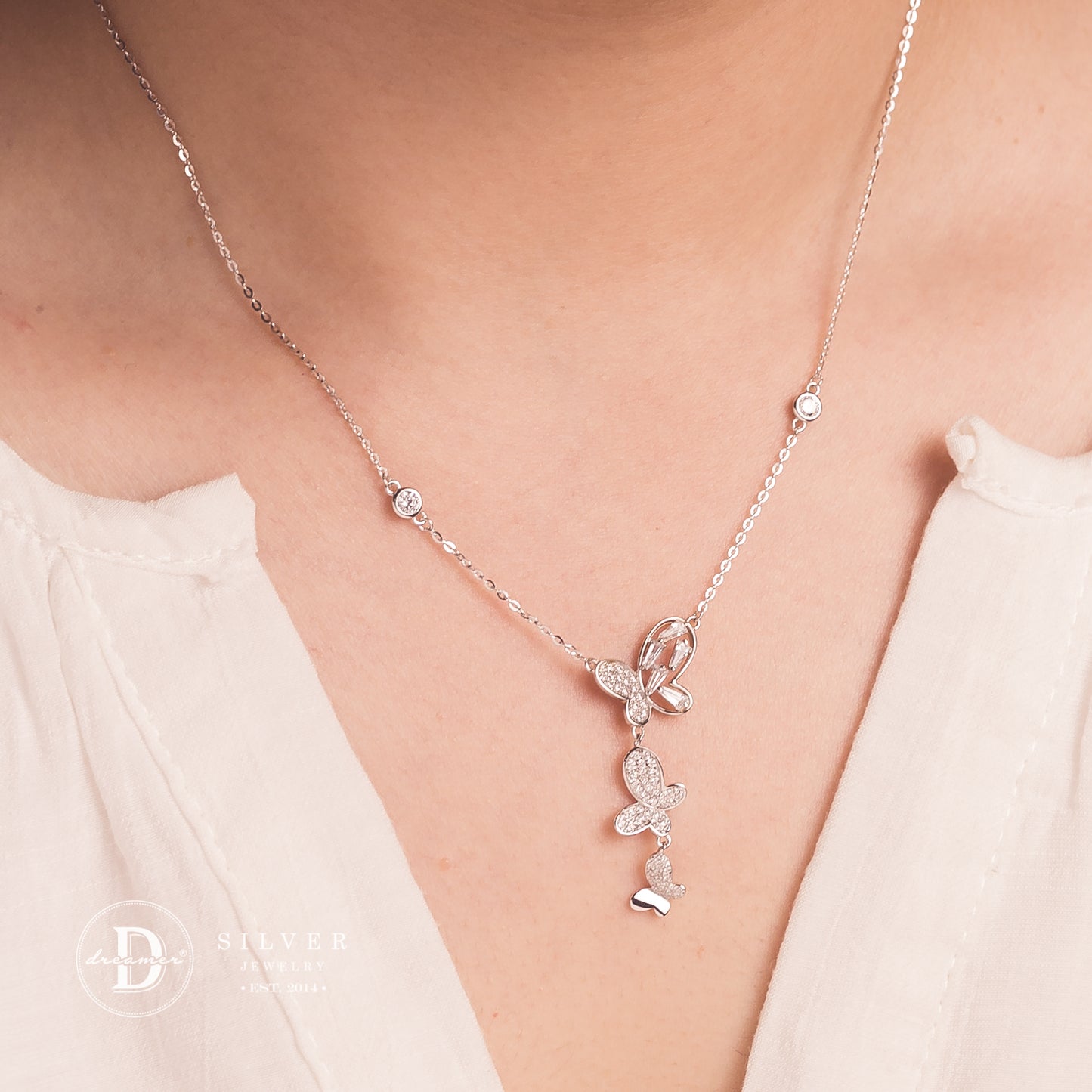 Dây Chuyền 3 Cánh Bướm Đính Đá - Premium 3 Butterflies Silver Necklace 1188DCH