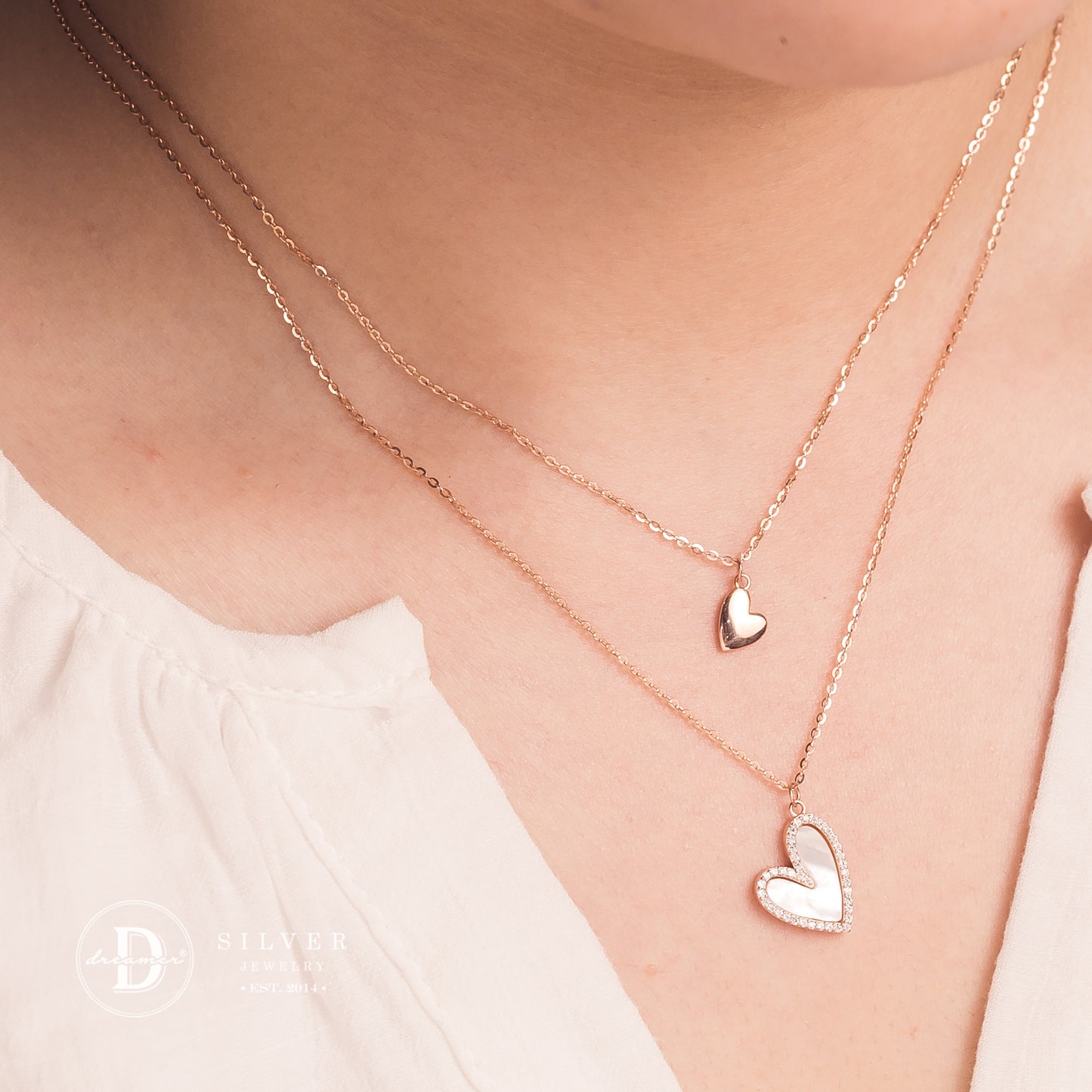 Dây Chuyền Trái Tim Xà Cừ Đính Đá 2 Dây - Rose Gold Heart Silver Necklace 1193DCH