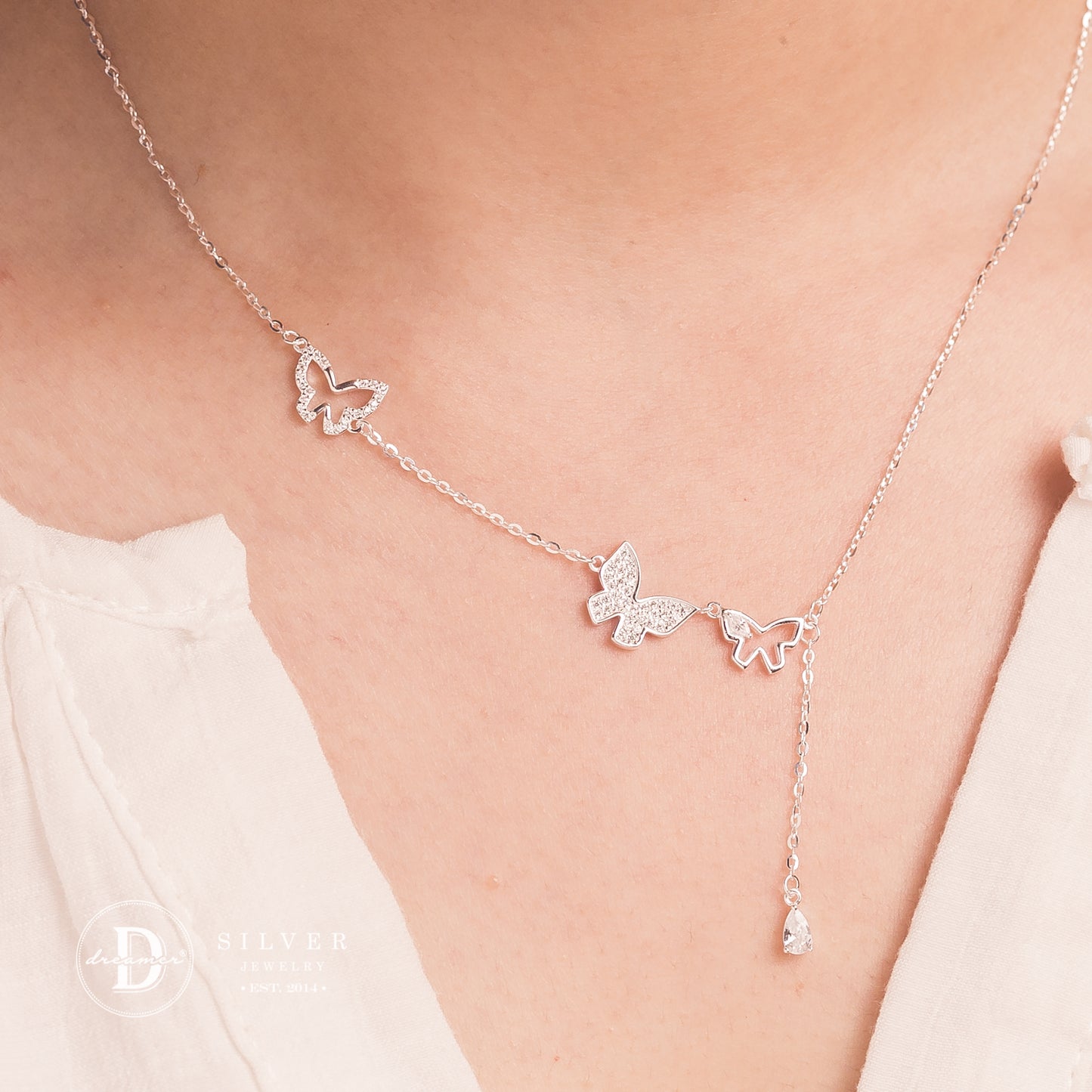 Dây Chuyền 3 Bướm & Dây Đá Giọt Nước Rơi - 3 Butterflies Silver Necklace
