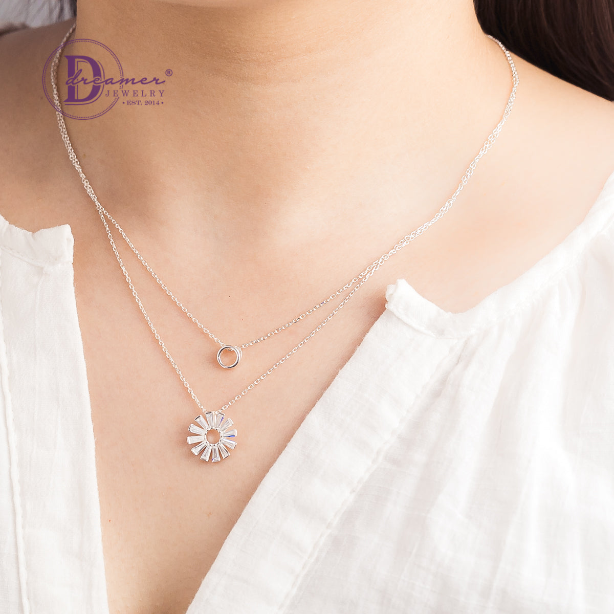 Dây Chuyền Kiểu Layer 2 Dây Hoa Đính Đá Baguette - Flower Layer Double Silver Necklace Chains