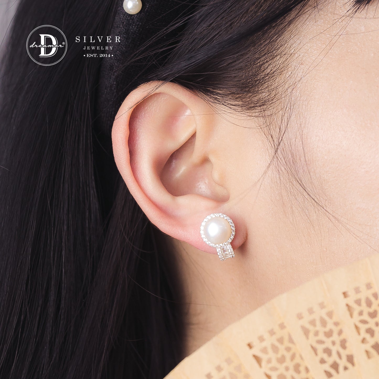 Bông Tai Khoen Gài Premium Ngọc Trai 9li Kiểu Halo Đá Baguette - Pearl Silver Earrings