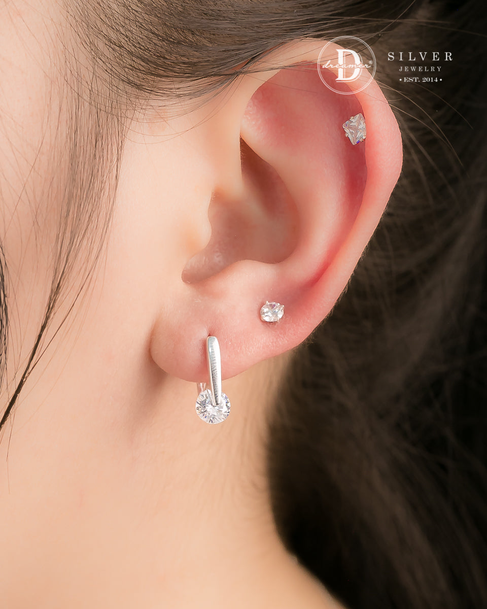 Bông Tai Khoen Khoen Chữ Nhật 10mm Đá CZ 6li - Square Silver Hoops CZ Stone 3249BTK