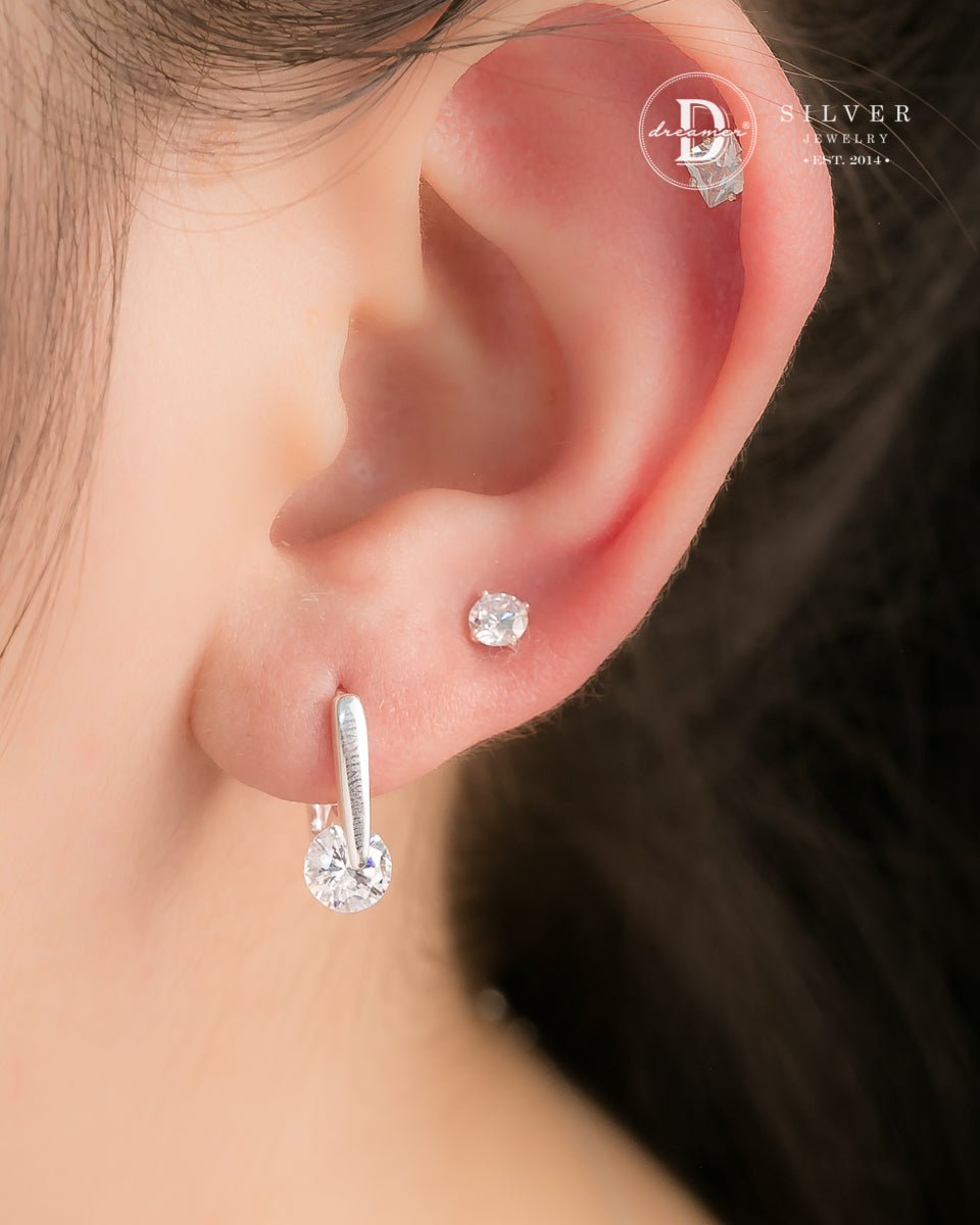 Bông Tai Khoen Khoen Chữ Nhật 10mm Đá CZ 6li - Square Silver Hoops CZ Stone 3249BTK