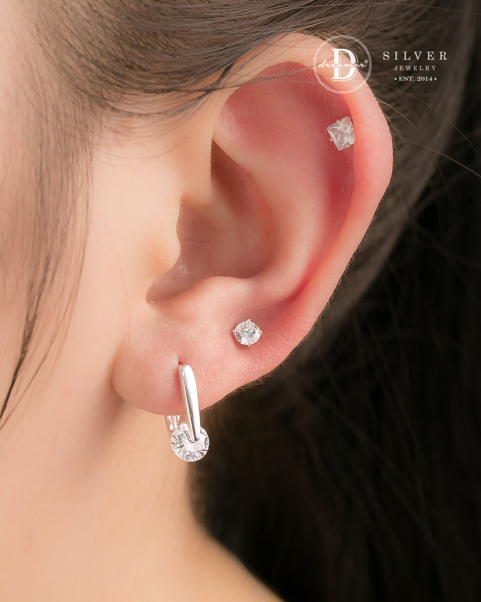 Bông Tai Khoen Khoen Chữ Nhật 10mm Đá CZ 6li - Square Silver Hoops CZ Stone 3249BTK