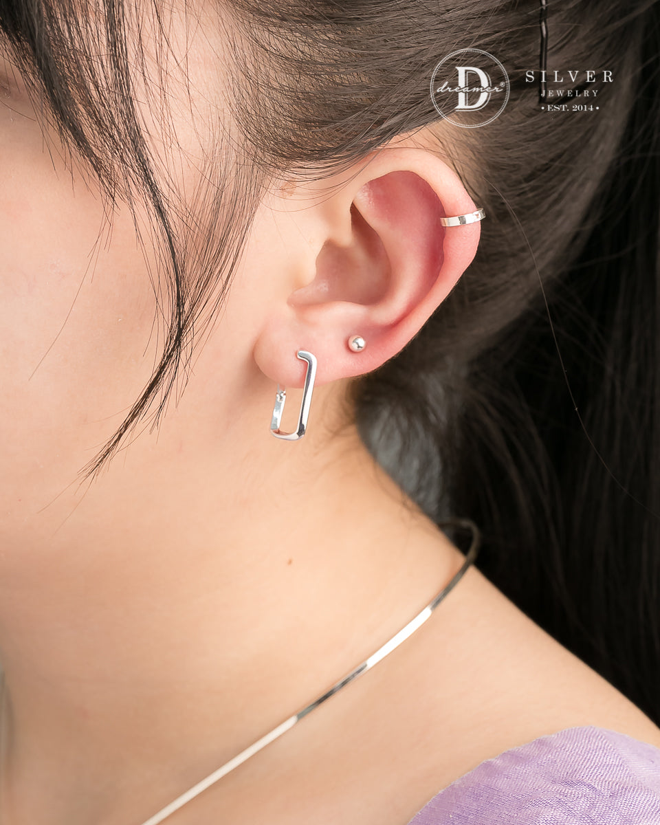 Bông Tai Khoen Chữ Nhật Xoắn - Minimal Wave Rectangle Silver Hoops 3247BTK