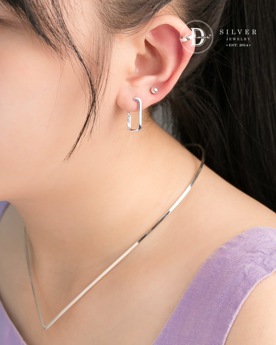 Bông Tai Khoen Chữ Nhật Xoắn - Minimal Wave Rectangle Silver Hoops 3247BTK