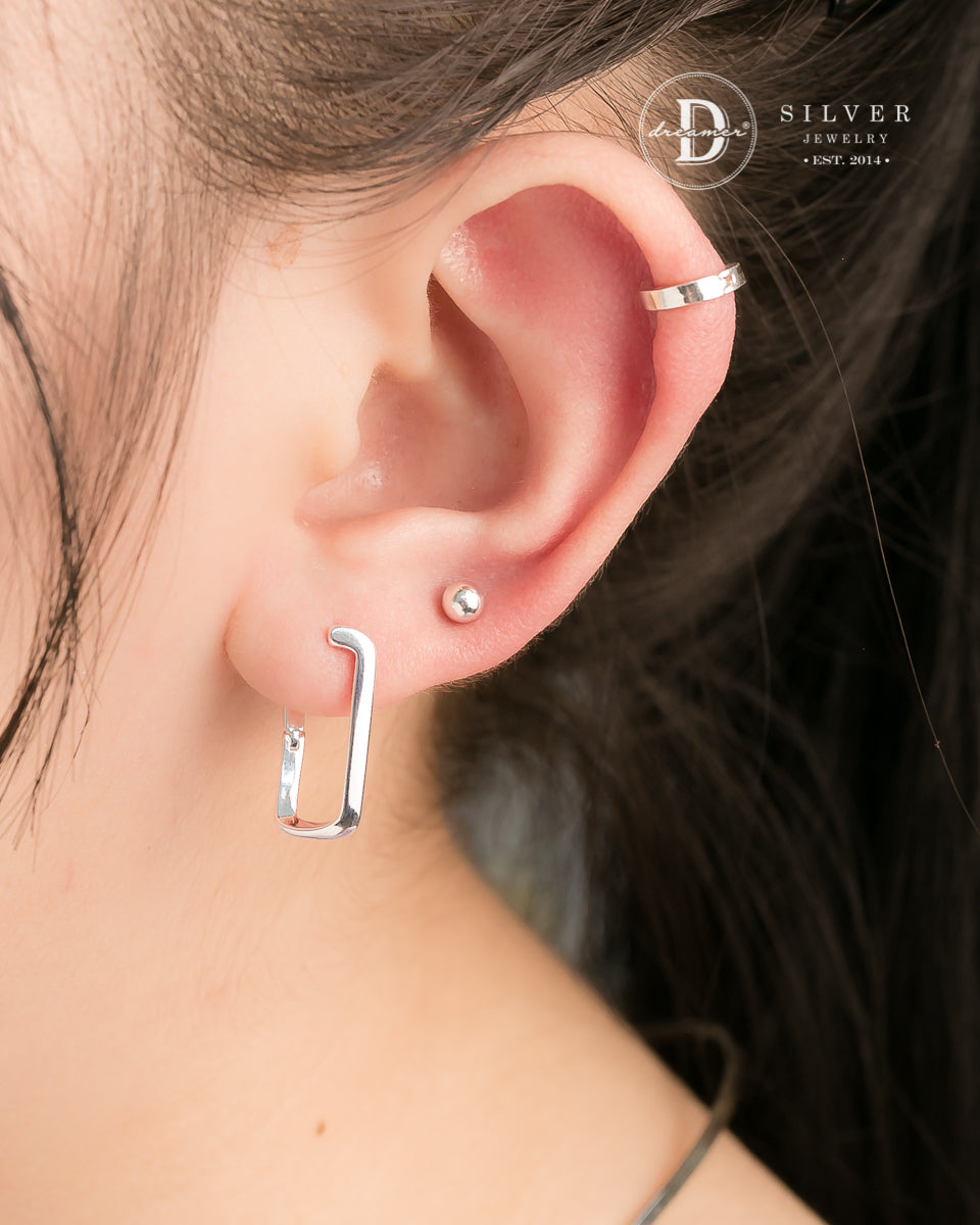 Bông Tai Khoen Chữ Nhật Xoắn - Minimal Wave Rectangle Silver Hoops 3247BTK