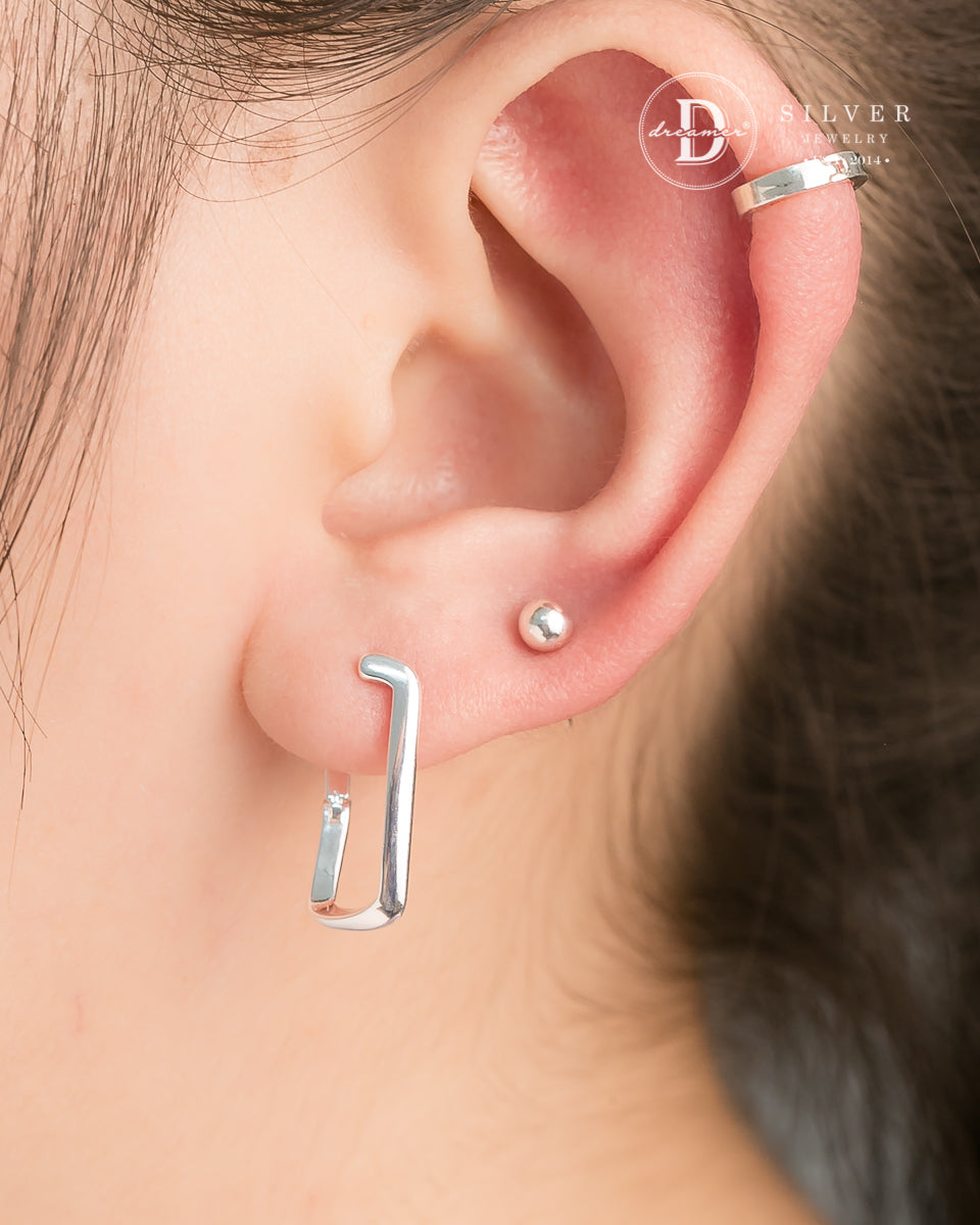 Bông Tai Khoen Chữ Nhật Xoắn - Minimal Wave Rectangle Silver Hoops 3247BTK