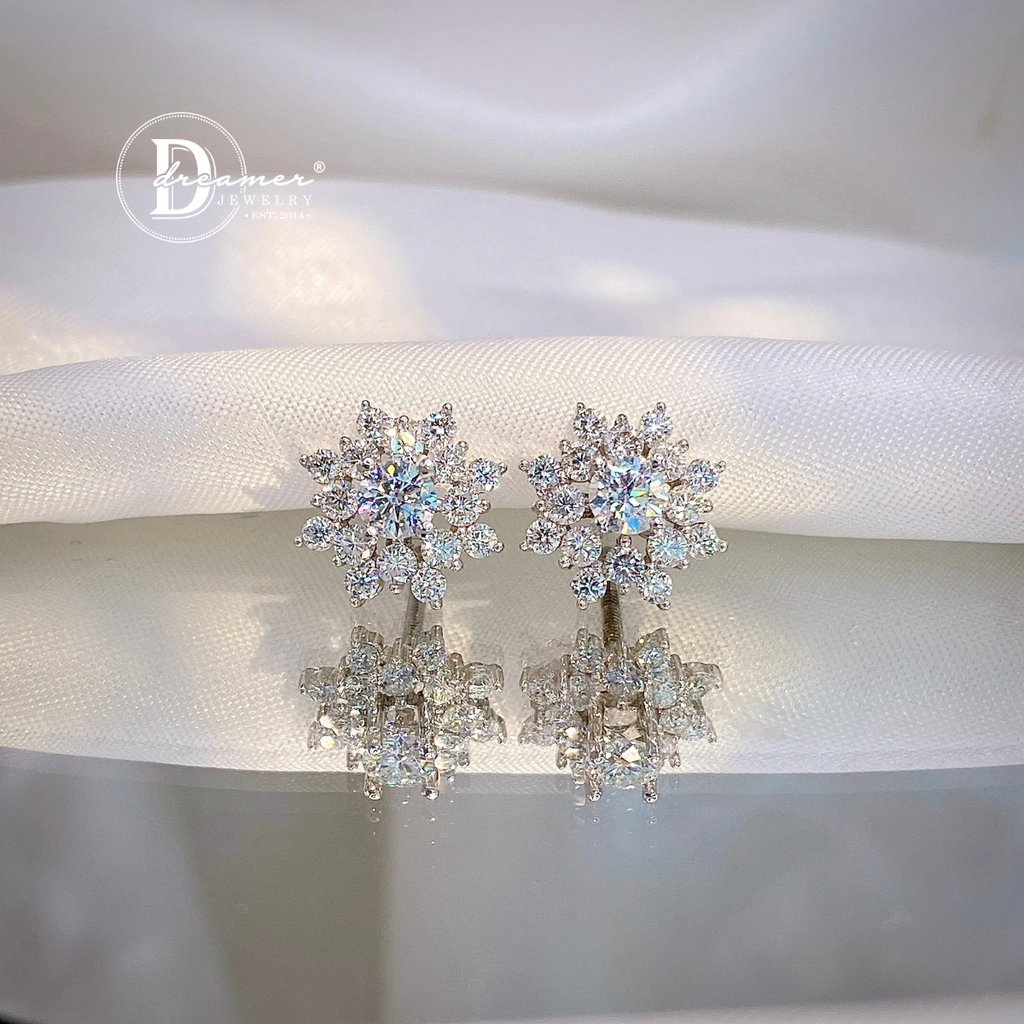 Bông Tai Bạc 950 Đá Moissanite Kiểu Hoa Tuyết - Viên Chủ 4li - Snowflake Moissanite Premium Silver Earrings (MBT006)