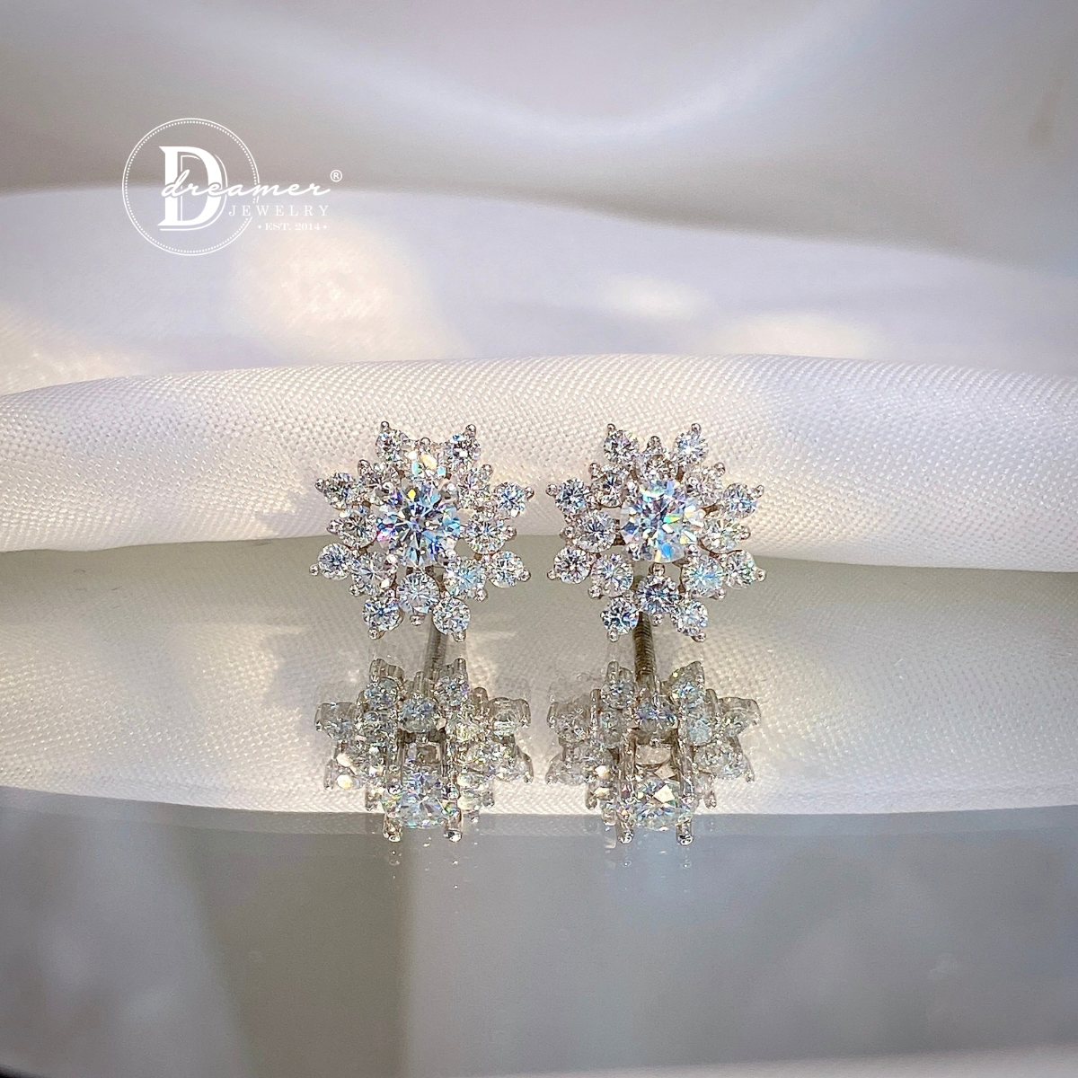 Bông Tai Bạc 950 Đá Moissanite Kiểu Hoa Tuyết - Viên Chủ 4li - Snowflake Moissanite Premium Silver Earrings (MBT006)