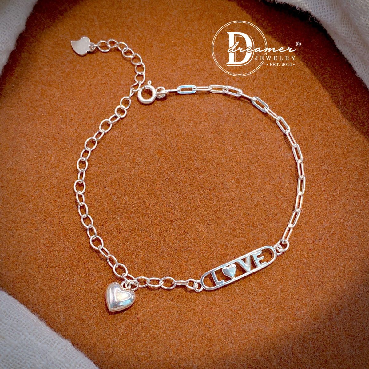Lắc Tay Bạc 925 Thanh LOVE & Charm Trái Tim Phồng (Asymmetric LOVE Bar)