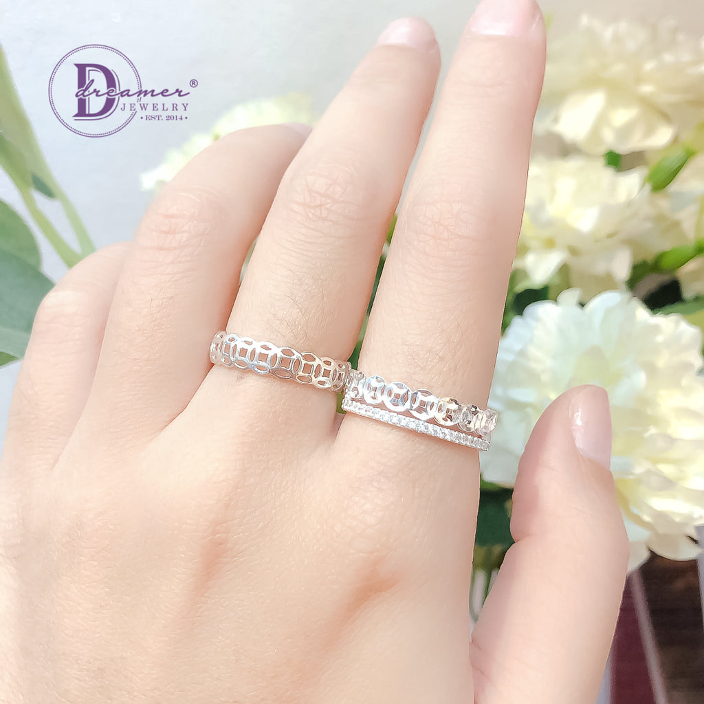 Nhẫn Kim Tiền 1 Line Đá CZ & Line Đồng Tiền Móc Máy (Bản 6mm) - Lucky Coin Silver Ring 2661NH