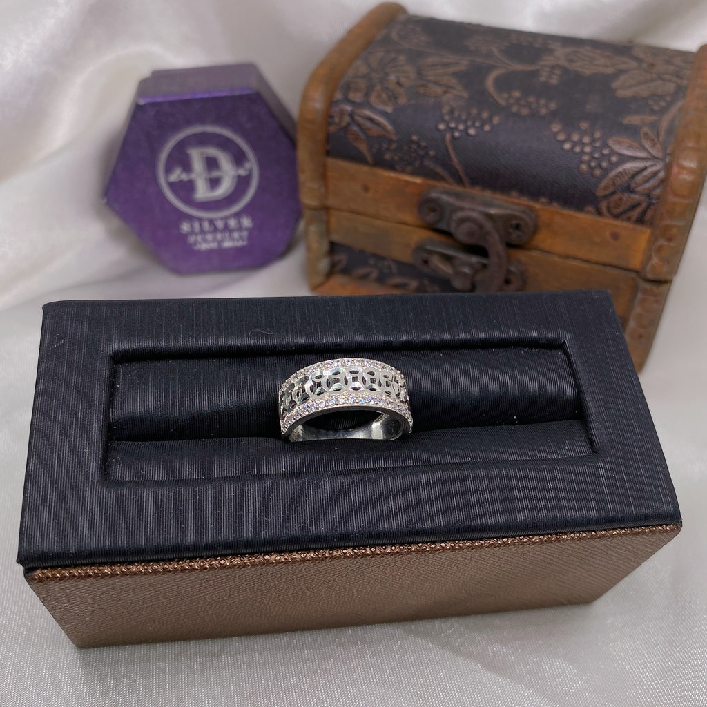 Nhẫn Kim Tiền Bản 8mm 2 Line Đá & Đồng Tiền Móc Máy Giữa - Lucky Coin Silver Ring 2660NH