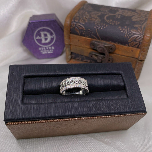 Nhẫn Kim Tiền Bản 8mm 2 Line Đá & Đồng Tiền Móc Máy Giữa - Lucky Coin Silver Ring 2660NH
