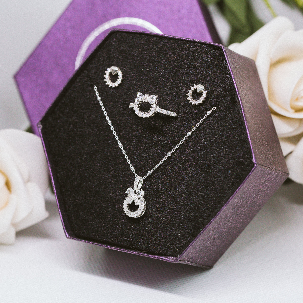 [Women's Day Gift] Bộ Trang Sức Bạc Cao Cấp 925 - Quà 20.10 - Bộ Trang Sức Nơ Đính đá