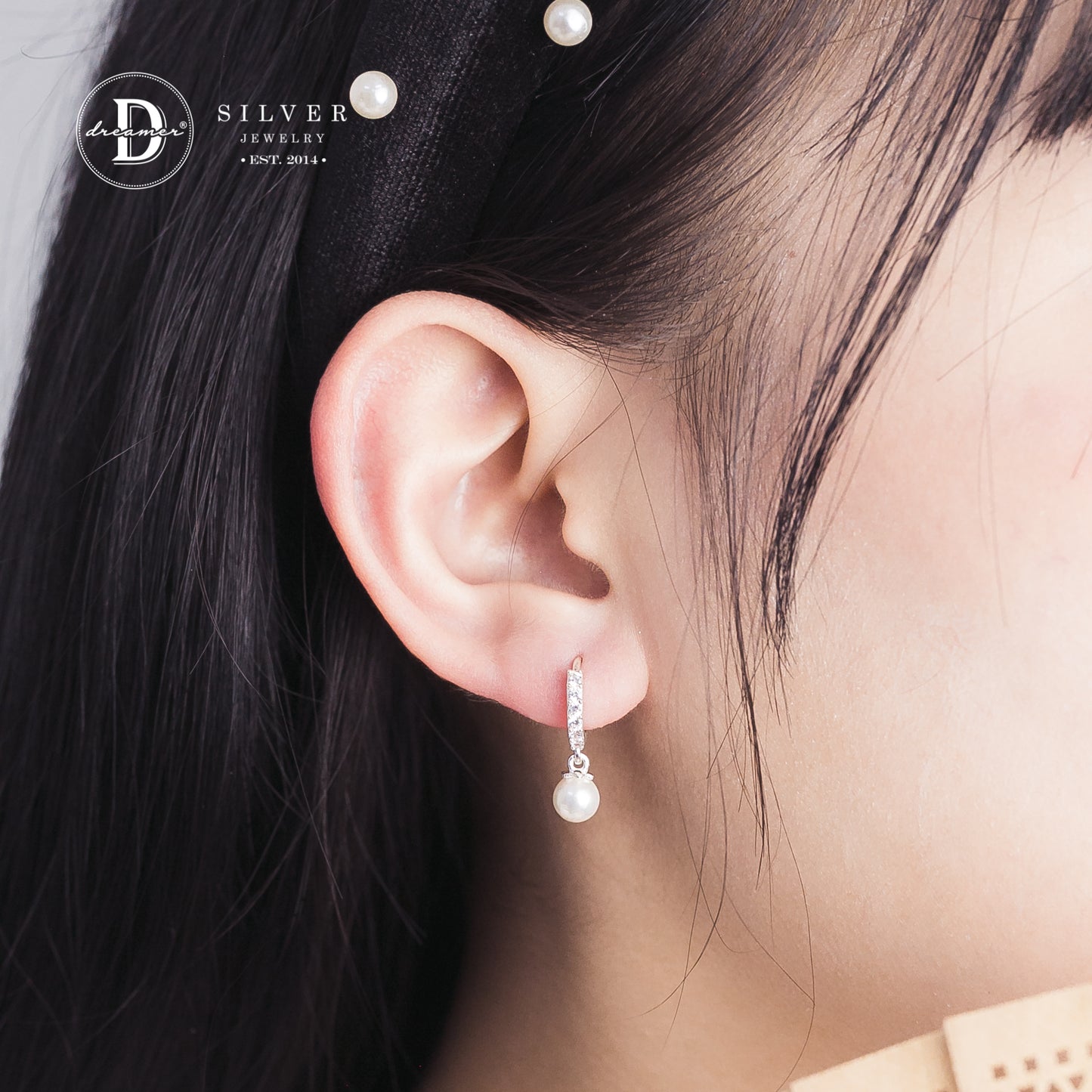 Bông Tai Khoen Tròn Đính Đá Ngọc Trai Tòn Ten - Dangling Pearl Silver Hoops