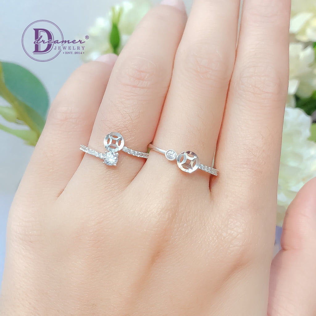 Nhẫn Kim Tiền - Line Đá Chéo 1 Đồng Tiền Móc Máy & 1 Viên Đá CZ - Silver Ring 2267NH