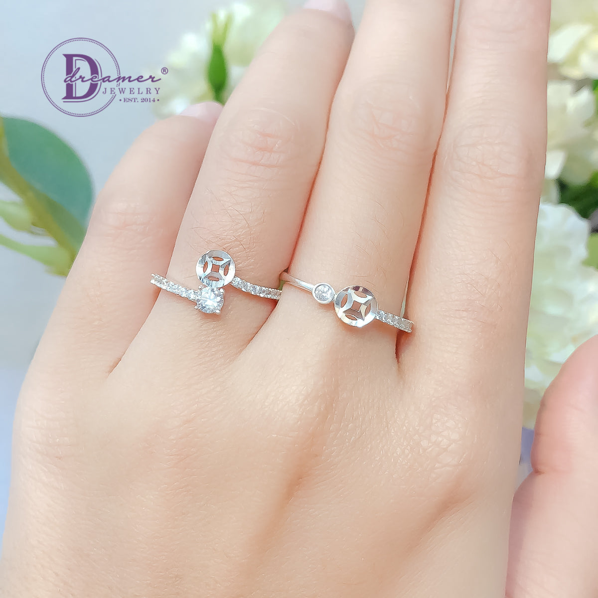 Nhẫn Kim Tiền - Line Đá Chéo 1 Đồng Tiền Móc Máy & 1 Viên Đá CZ - Silver Ring 2267NH
