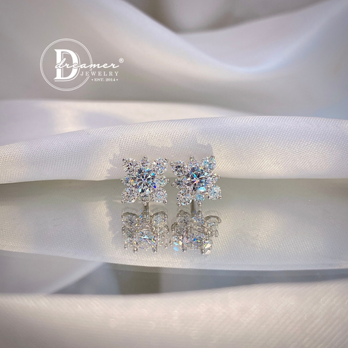 Bông Tai Bạc 950 Đá Moissanite Viên Chủ 5li Kiểu Hoa Vuông - Square Flower Moissanite Earrings (MBT025)