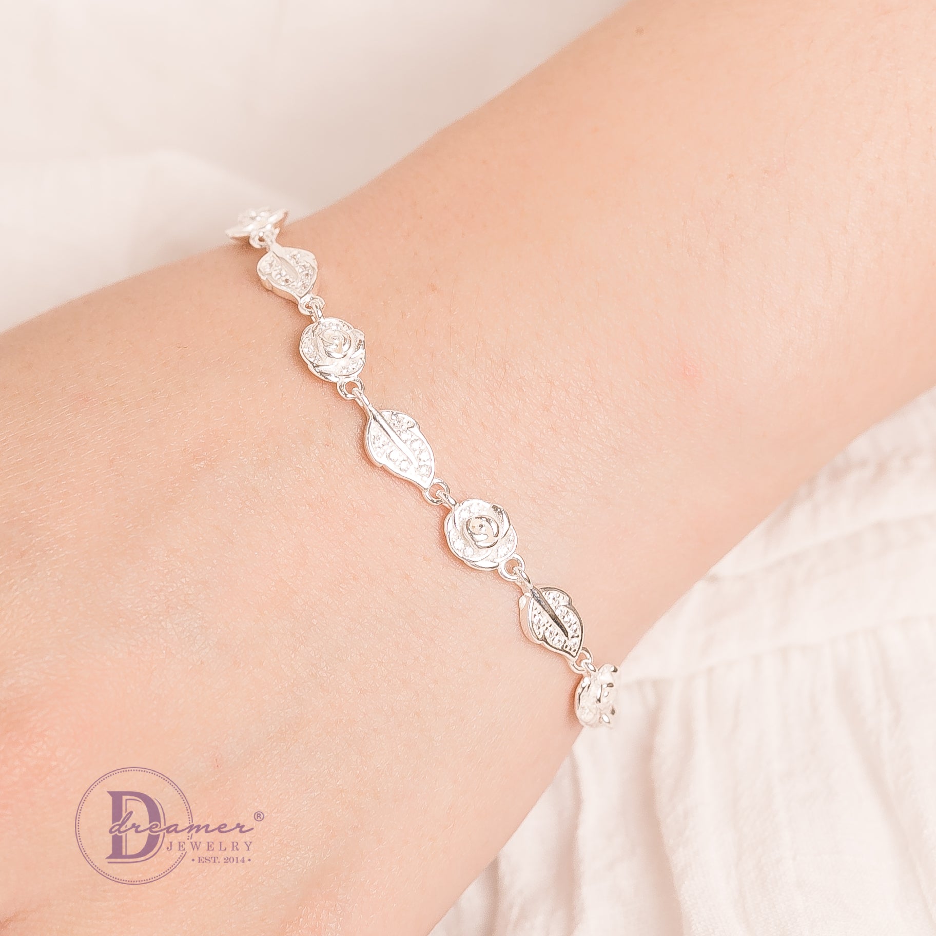 Lắc Tay Premium Hoa Hồng & Lá & Mắc Xích Vô Cực - Rose Leaf Infinity Premium Silver Bracelet P1386VTH