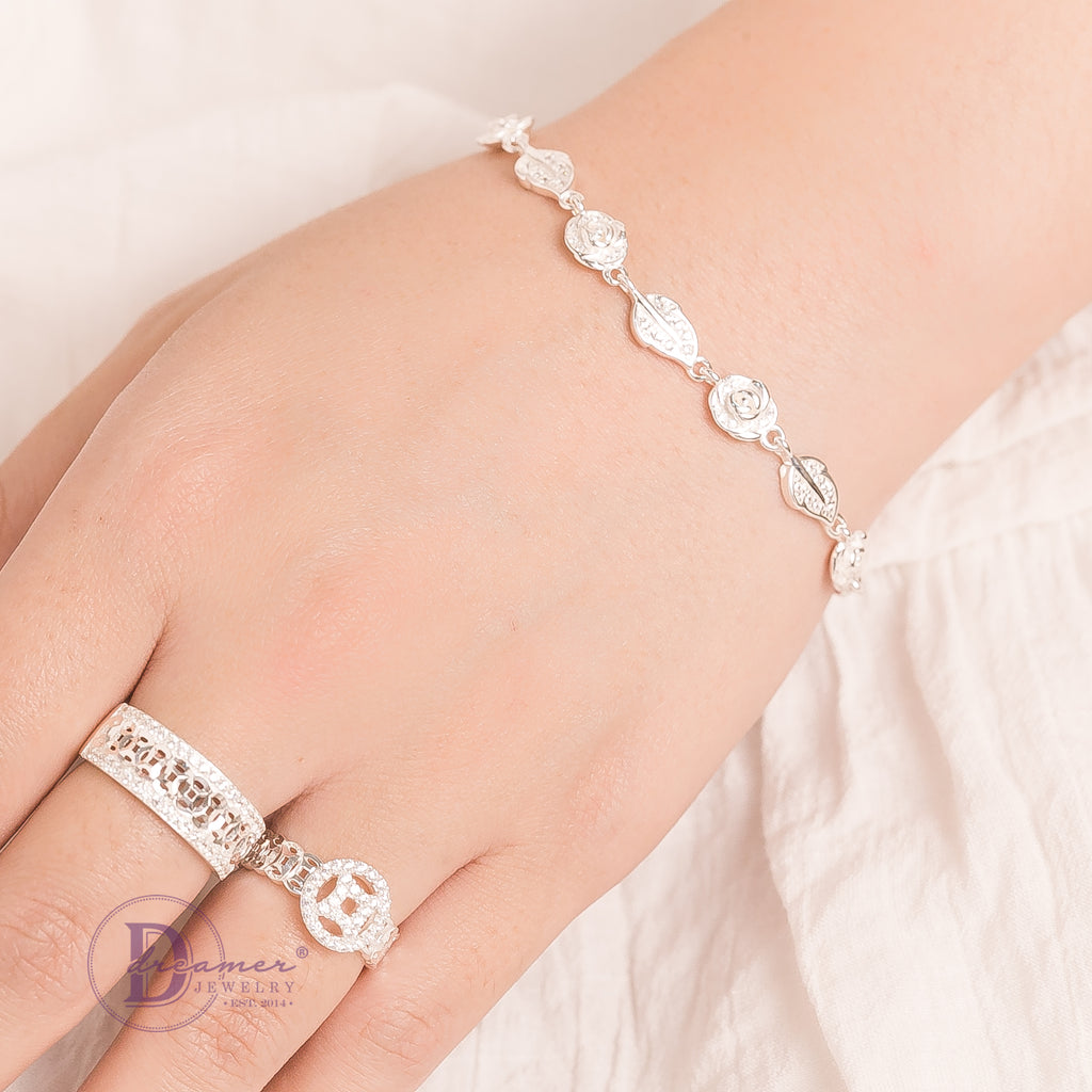 Lắc Tay Premium Hoa Hồng & Lá & Mắc Xích Vô Cực - Rose Leaf Infinity Premium Silver Bracelet P1386VTH