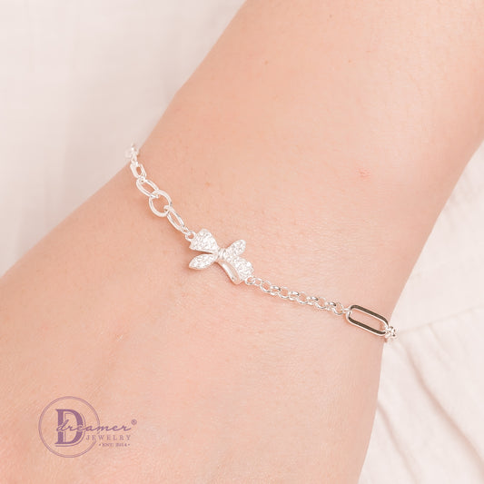 Lắc Tay Xích & Nơ Đính Đá - Sparkling Bow Chain Silver Bracelet