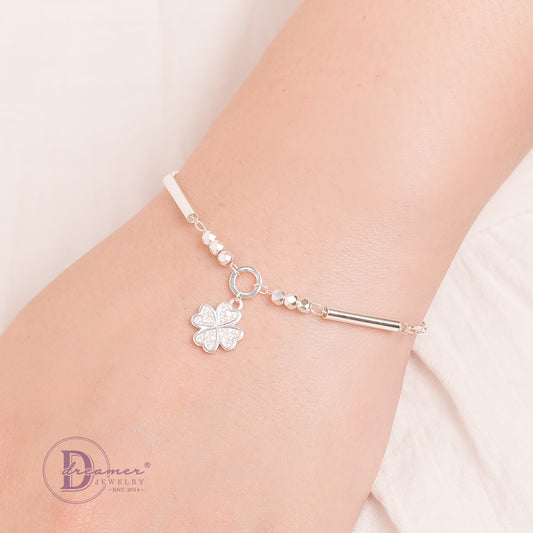 Lắc Tay Cỏ 4 Lá & Bi Móc Máy - Lucky Flower Silver Bracelet