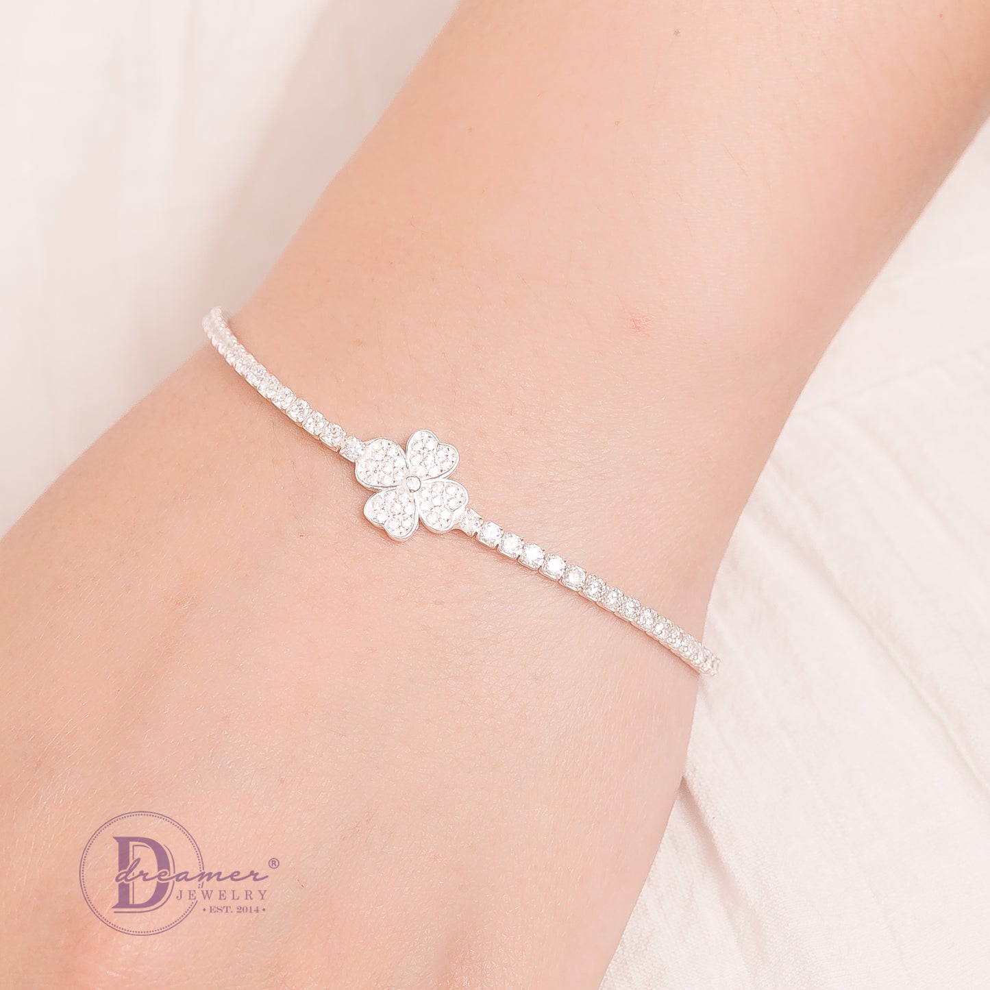 Lắc Tay Tennis Cỏ 4 Lá Đính Full Đá Lấp Lánh - Lucky Flower Silver Bracelet