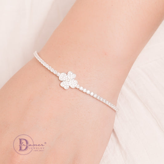 Lắc Tay Tennis Cỏ 4 Lá Đính Full Đá Lấp Lánh - Lucky Flower Silver Bracelet