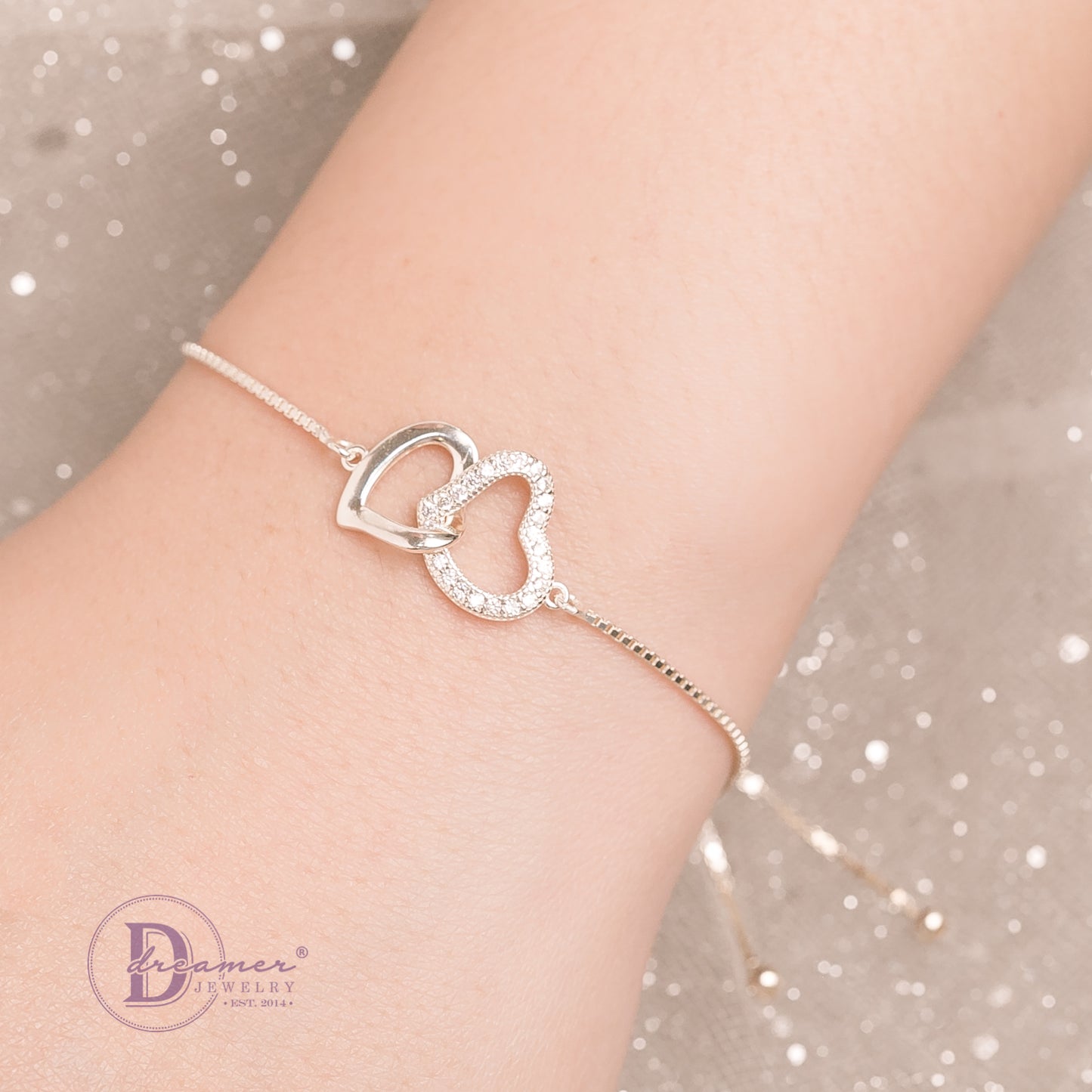 Vòng Tay Dây Rút 2 Trái Tim Lồng Trơn & Đính Đá - Holding Heart Freesize Silver Bracelet