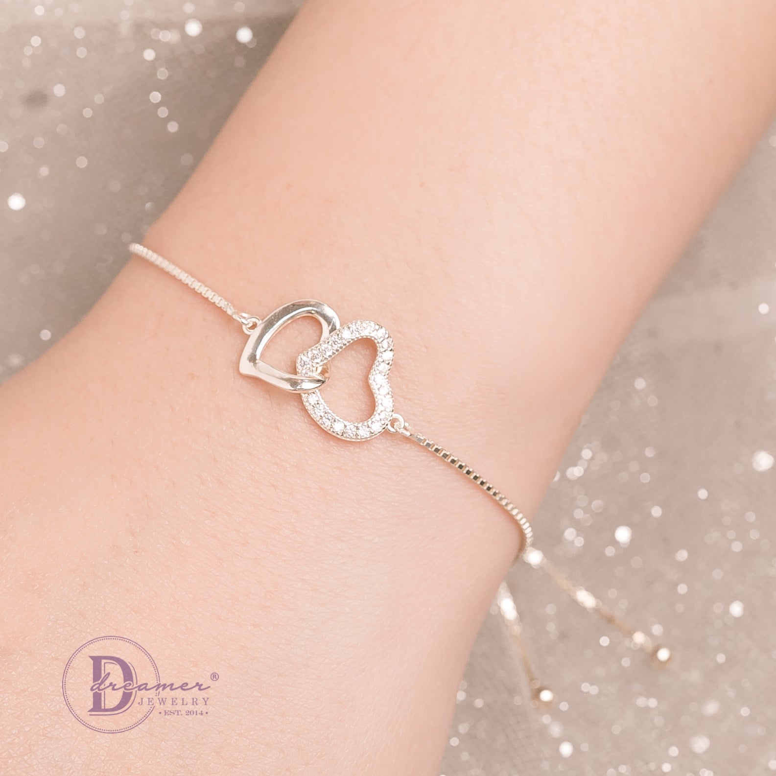 Vòng Tay Dây Rút 2 Trái Tim Lồng Trơn & Đính Đá - Holding Heart Freesize Silver Bracelet