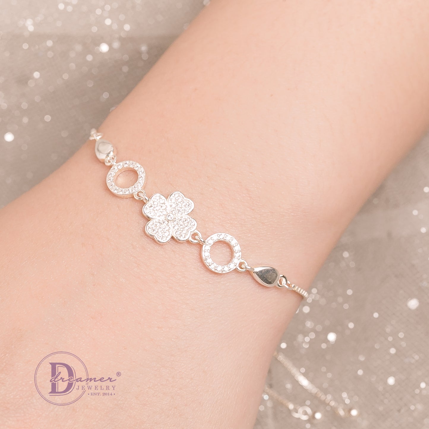 Vòng Tay Dây Rút Cỏ 4 Lá Đính Đá & 2 Line Tròn - Lucky Flower Stone Freesize Silver Bracelet