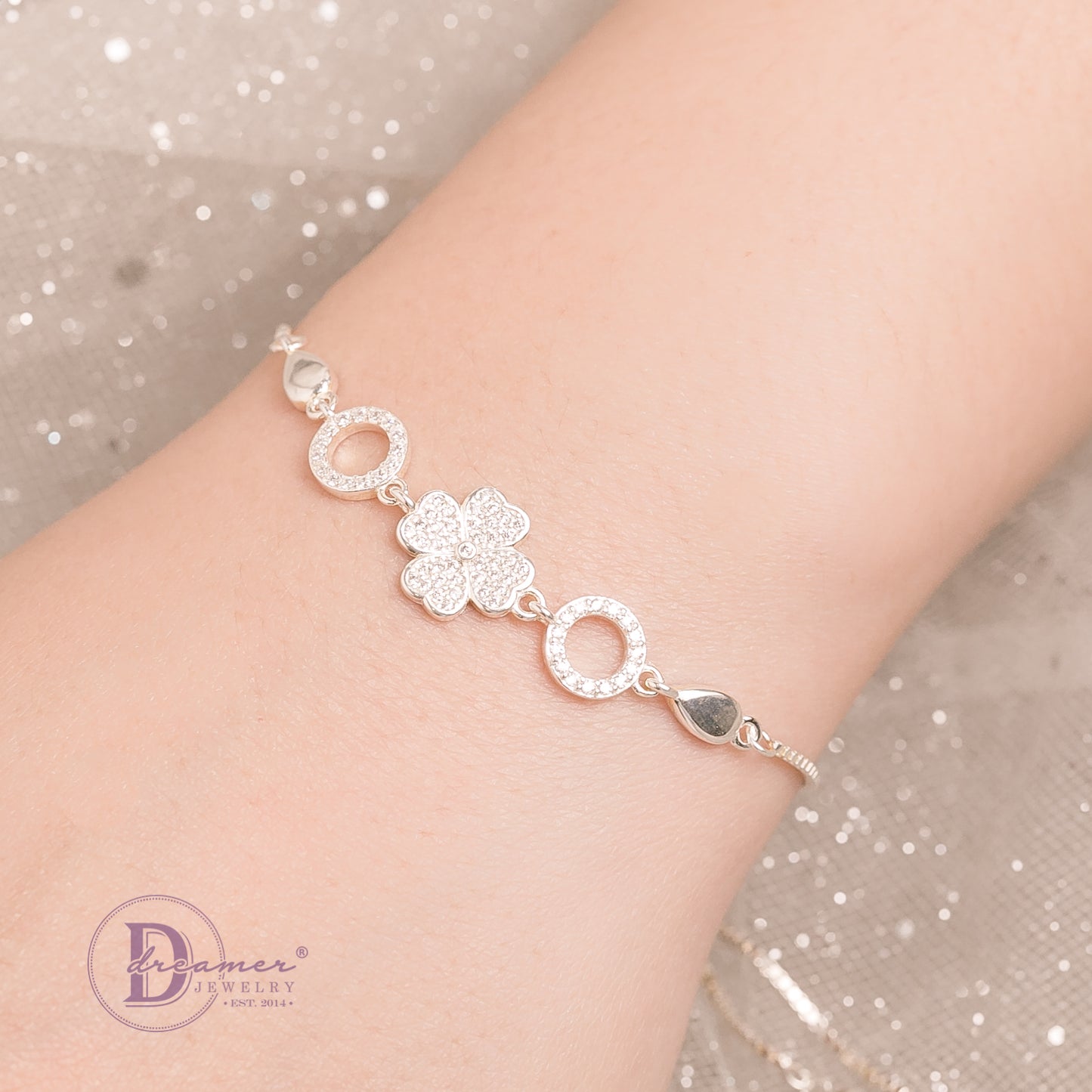 Vòng Tay Dây Rút Cỏ 4 Lá Đính Đá & 2 Line Tròn - Lucky Flower Stone Freesize Silver Bracelet