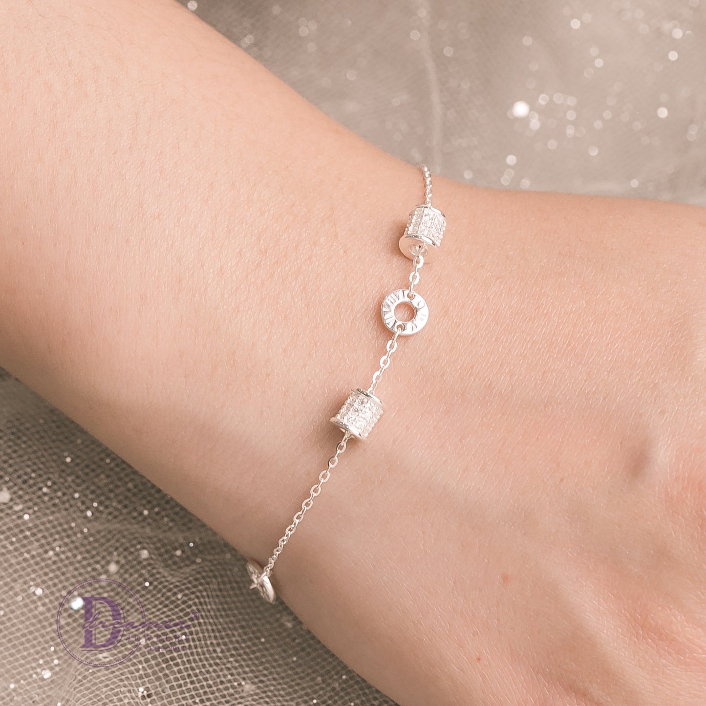 Lắc Tay 2 Tube Đính Đá 2 Khoen Tròn - Silver Bracelet