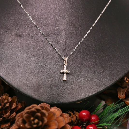 Dây Chuyền Thánh Giá Trái Tim Đính Đá Nhỏ - Heart Sparkling Cross Silver Pendant Necklace