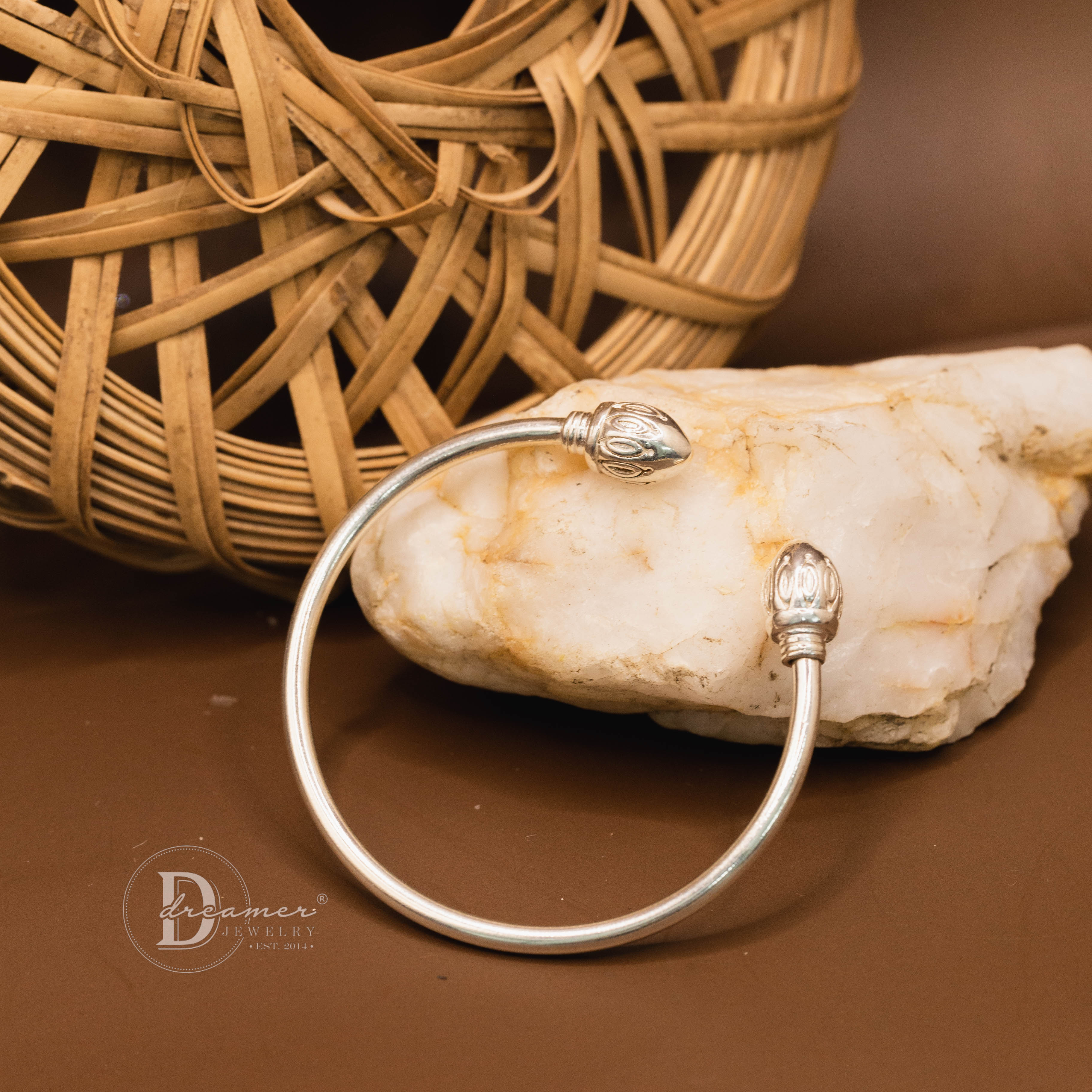 Large Lotus Bud Silver Bangle – Customizable Charm Clasp 925 Silver