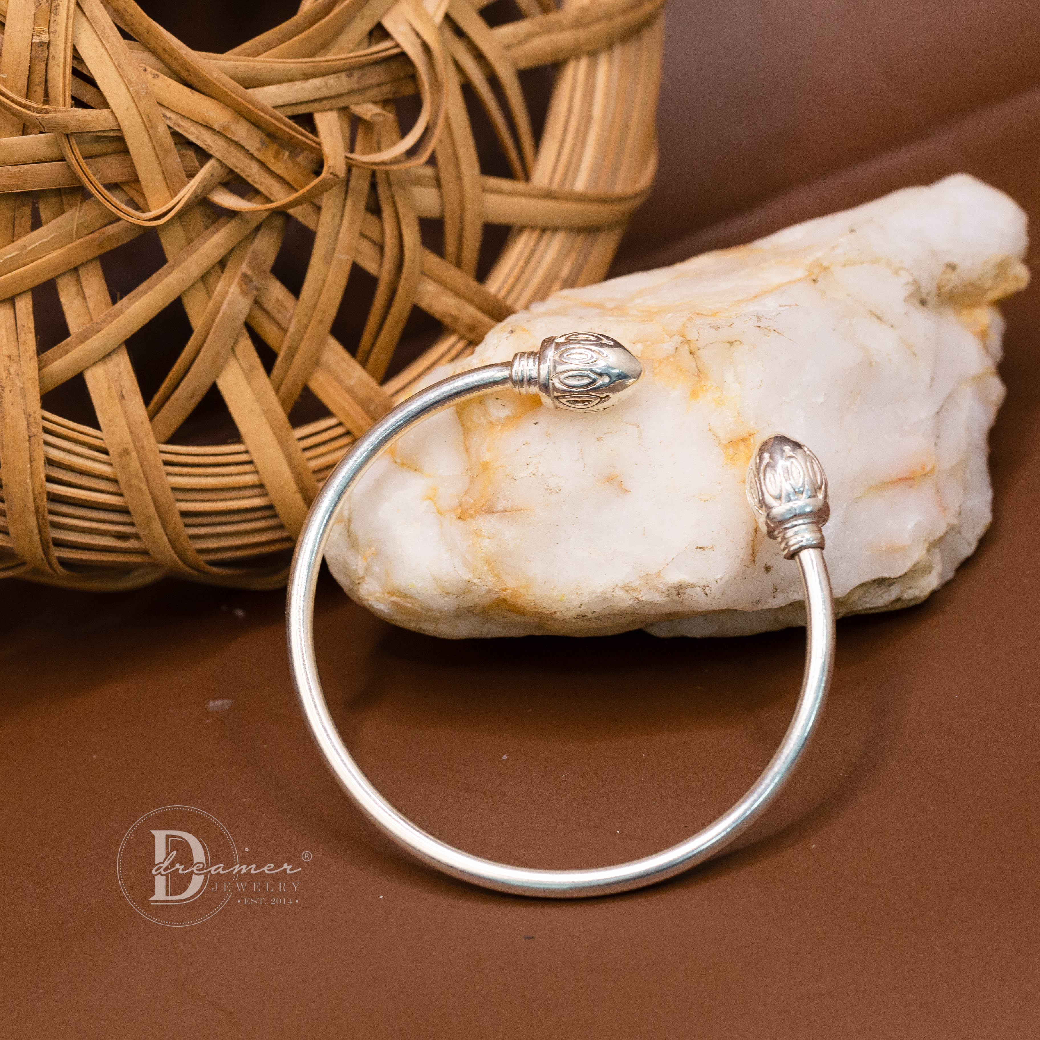 Large Lotus Bud Silver Bangle – Customizable Charm Clasp 925 Silver