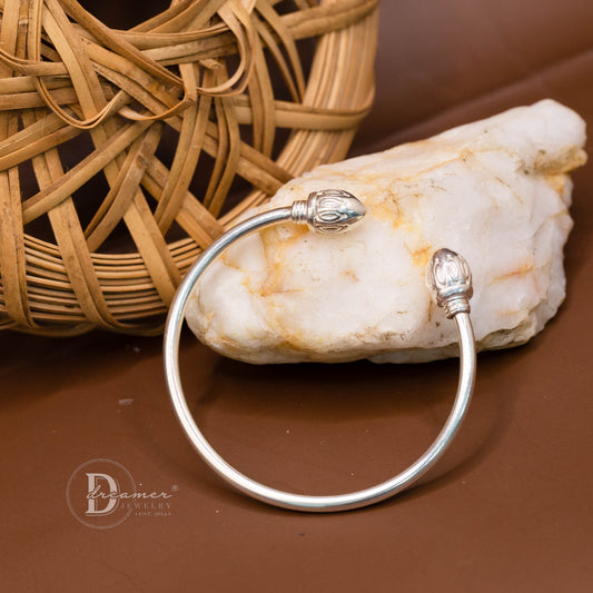 Large Lotus Bud Silver Bangle – Customizable Charm Clasp 925 Silver