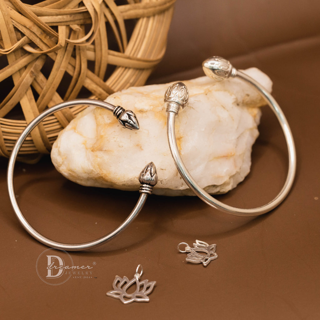 Large Lotus Bud Silver Bangle – Customizable Charm Clasp 925 Silver