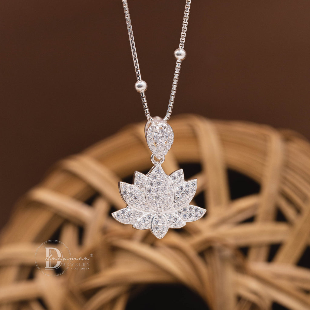 Sparkling Lotus 925 Silver Pendant Necklace - Cubic Zirconia Edition