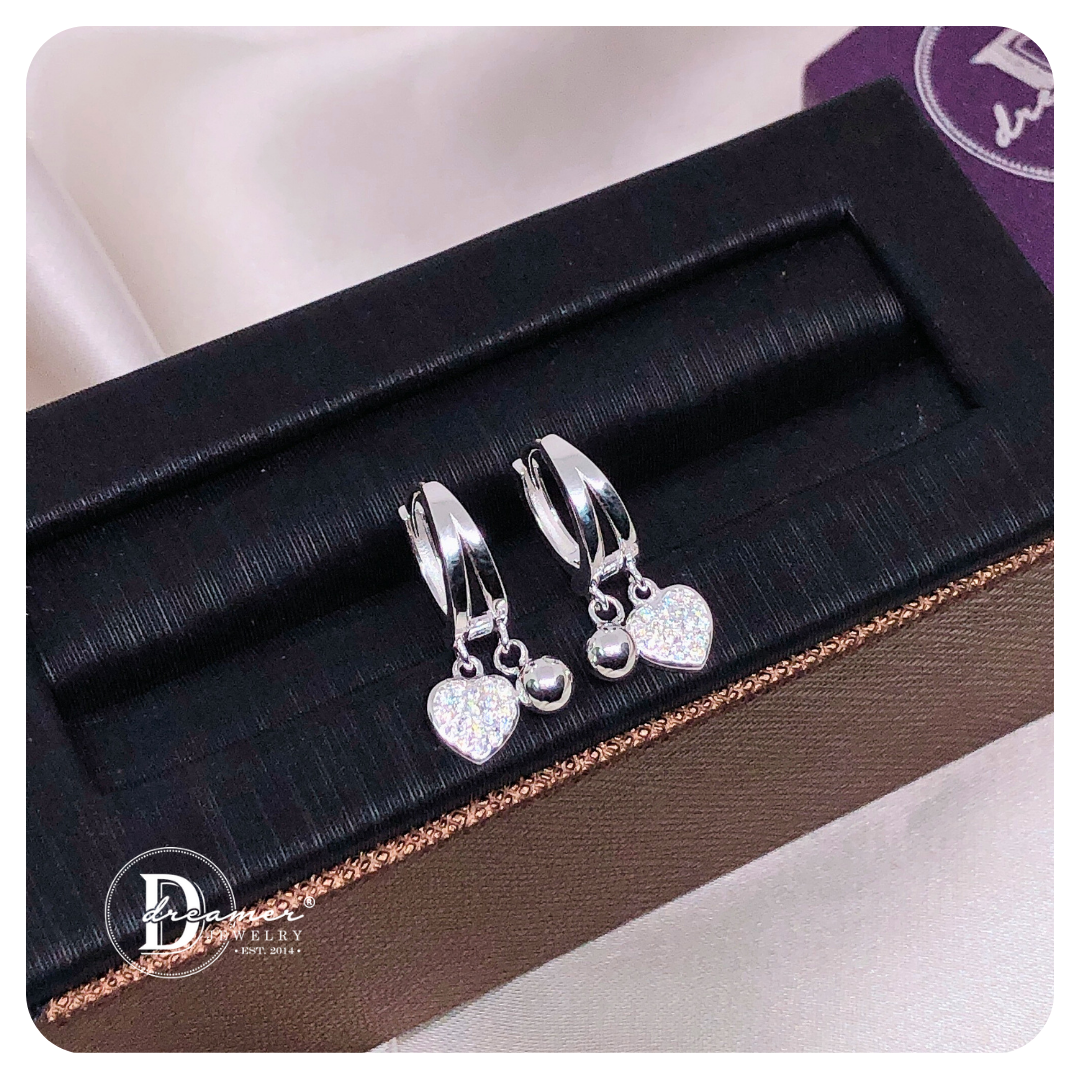 Bông Tai Khoen Tòn Ten Trái Tim & Bi Bạc - Heart Dangling Silver Hoops - BT108
