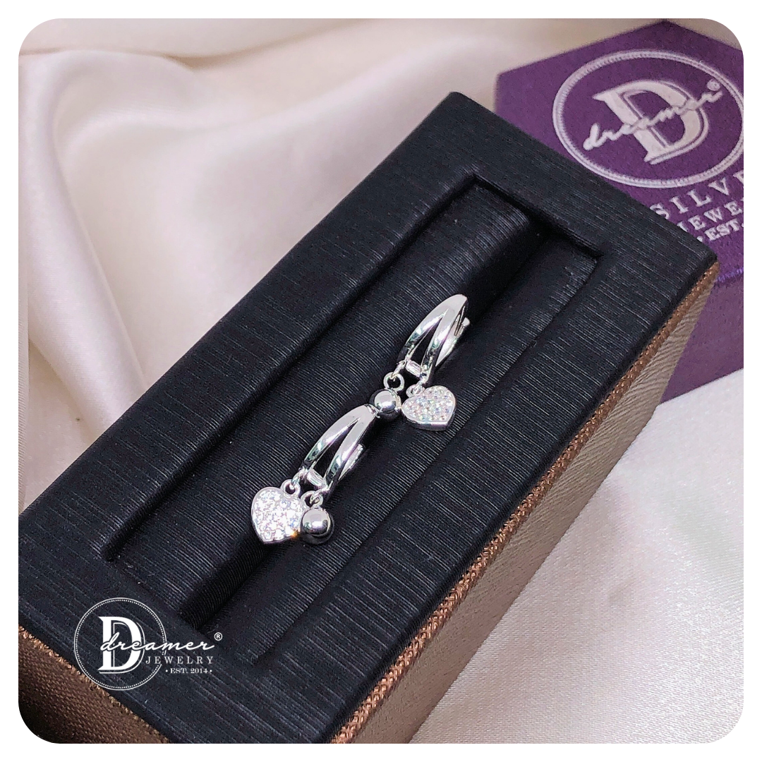Bông Tai Khoen Tòn Ten Trái Tim & Bi Bạc - Heart Dangling Silver Hoops - BT108