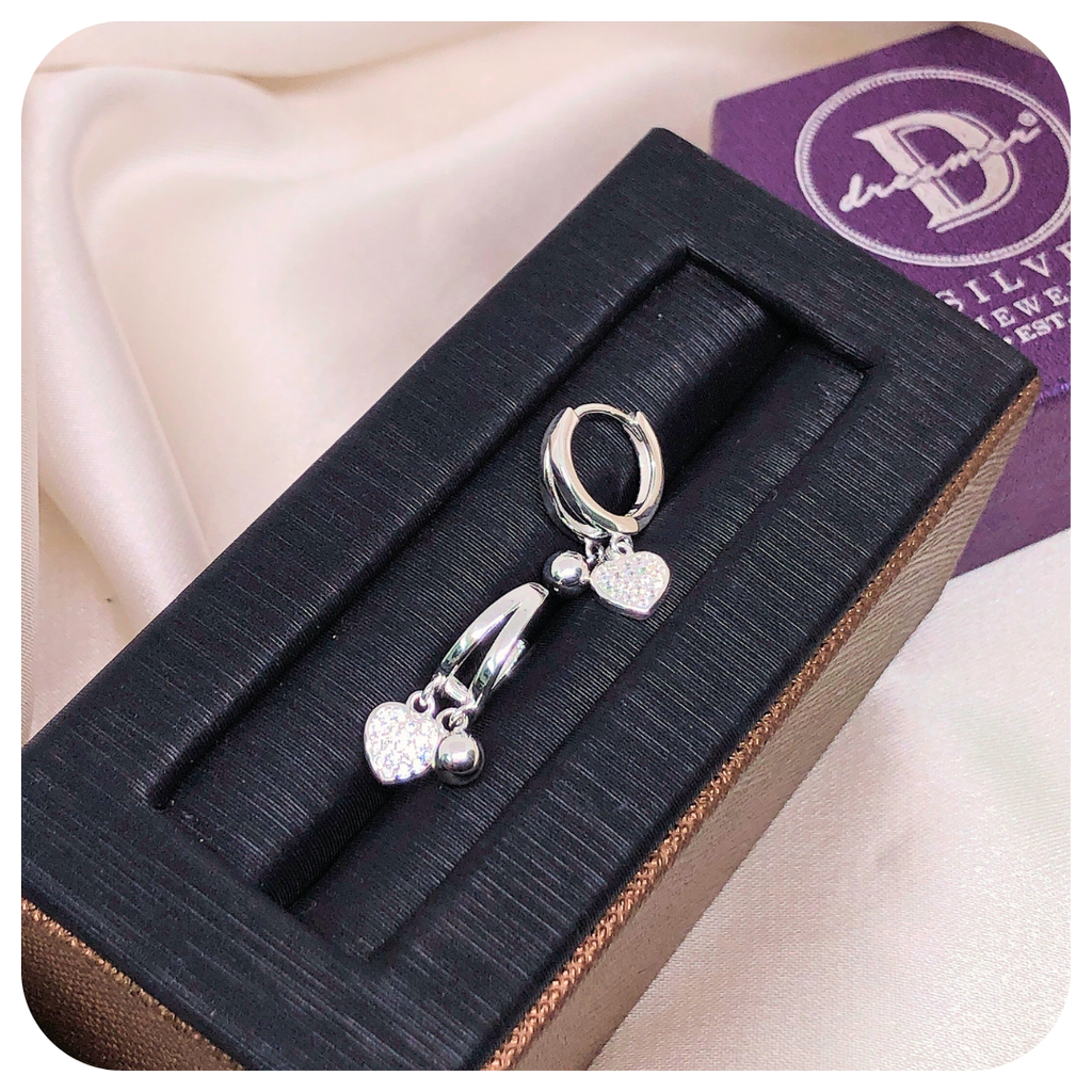 Bông Tai Khoen Tòn Ten Trái Tim & Bi Bạc - Heart Dangling Silver Hoops - BT108