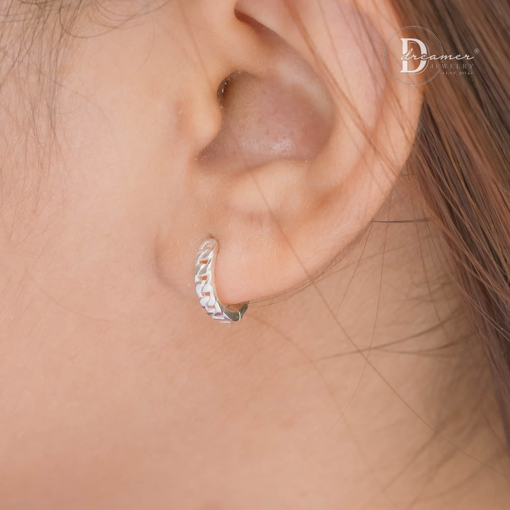 Bông Tai Bạc 925 Dáng Tròn Mắt Xích Chain Link Huggie Hoops