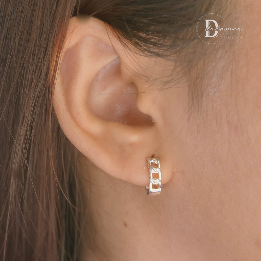 Bông Tai Bạc 925 Dáng Tròn Mắt Xích Chain Link Huggie Hoops